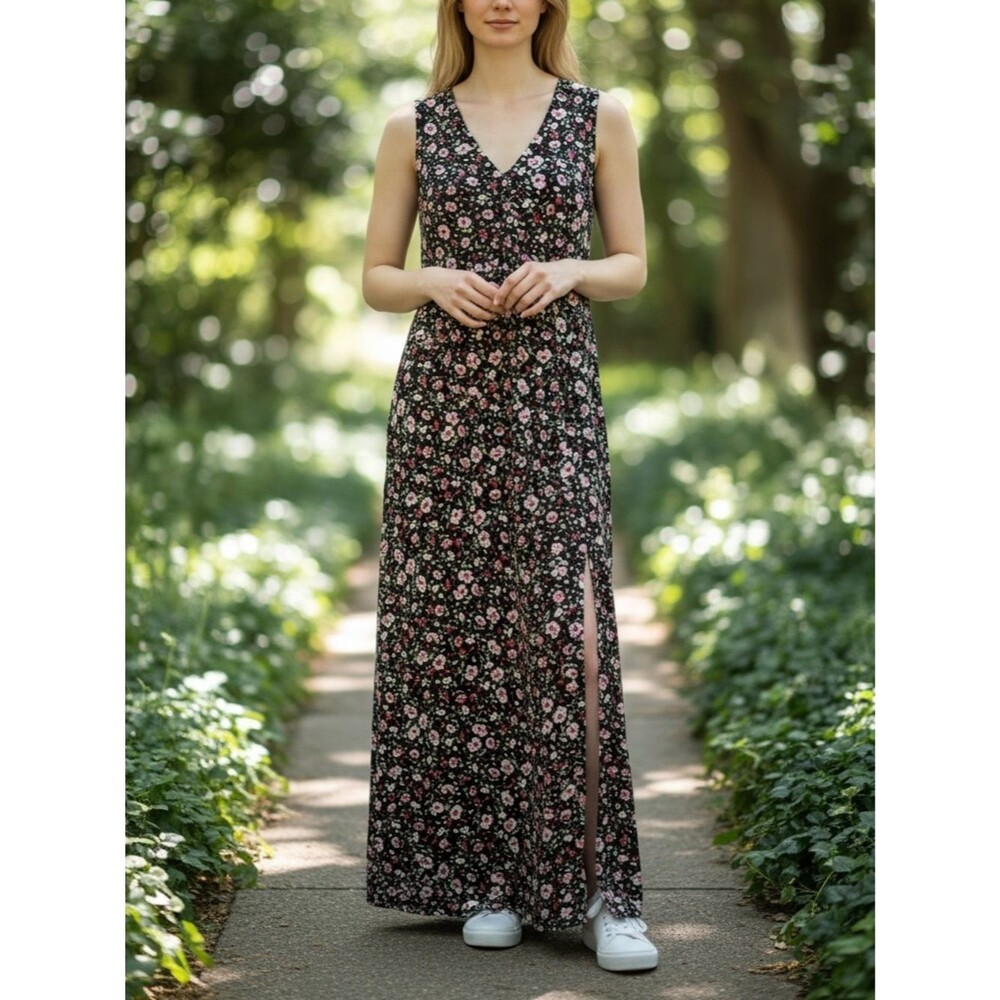 J. Jill Wearever Maxi Dress Small Ditsy Floral Sleeveless V Neck Side Slits